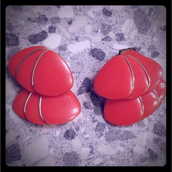 Vintage Jewelry - 2/$20 VTG Bright Orange Clip Earrings Gold Trim